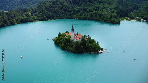 Aerial View of Bled Lake - Blejsko Jezero, Island with Pilgrimage Church of the Assumption of Maria, Slovenia photo
