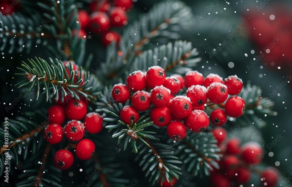 Snow covered green branches adorned with festive red berries create a picturesque Christmas scene Snow covered green branches adorned with festive red berries create a picturesque Christmas scene