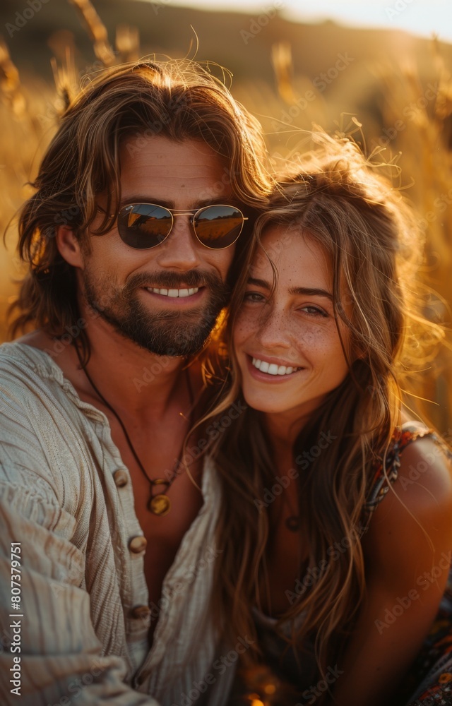 Joyful couple in shades, smiling, gazing at each other, seated in a wheat field Joyful couple in shades, smiling, gazing at each other, seated in a wheat field
