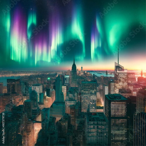 New york with the northern light above it.