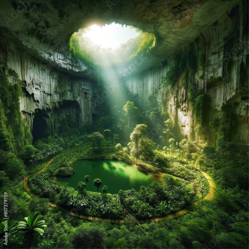 Fictional cave with a pond.
