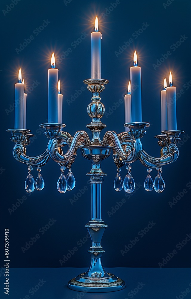 Fototapeta premium Silver Hanukkah menorah gleams with lit candles against a serene blue backdrop, radiating tradition