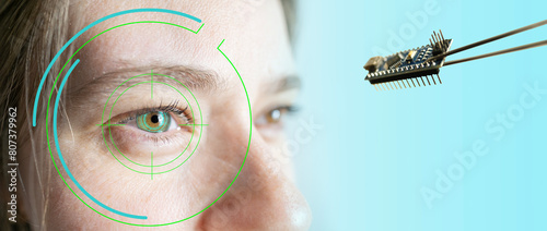Canvas Print Installing electronic chip into human bionic, neuroprosthetic eye, cutting-edge
