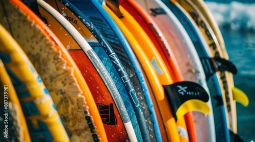 Array of colorful surfboards lined up next to each other on a beach, ready for riders to catch some waves.