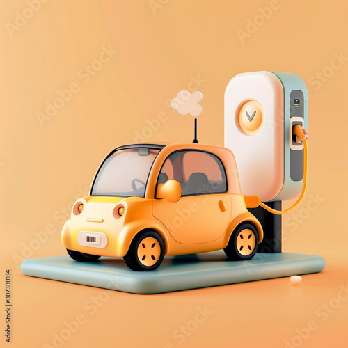 Adorable electric car charging at a sleek station in a warm, minimalist 3D environment with soft, playful elements