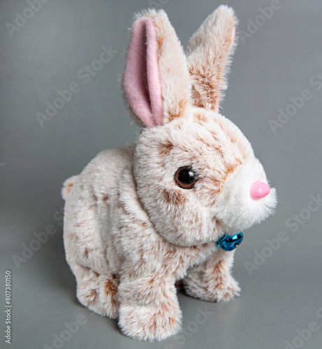 Soft fluffy rabbit toy with long ears, isolated on a white background