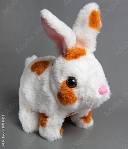 Soft fluffy rabbit toy with long ears, isolated on a white background