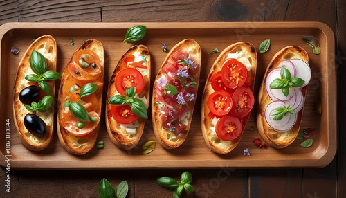 Bruschetta served in a wooden tray with elegant crisp, top view