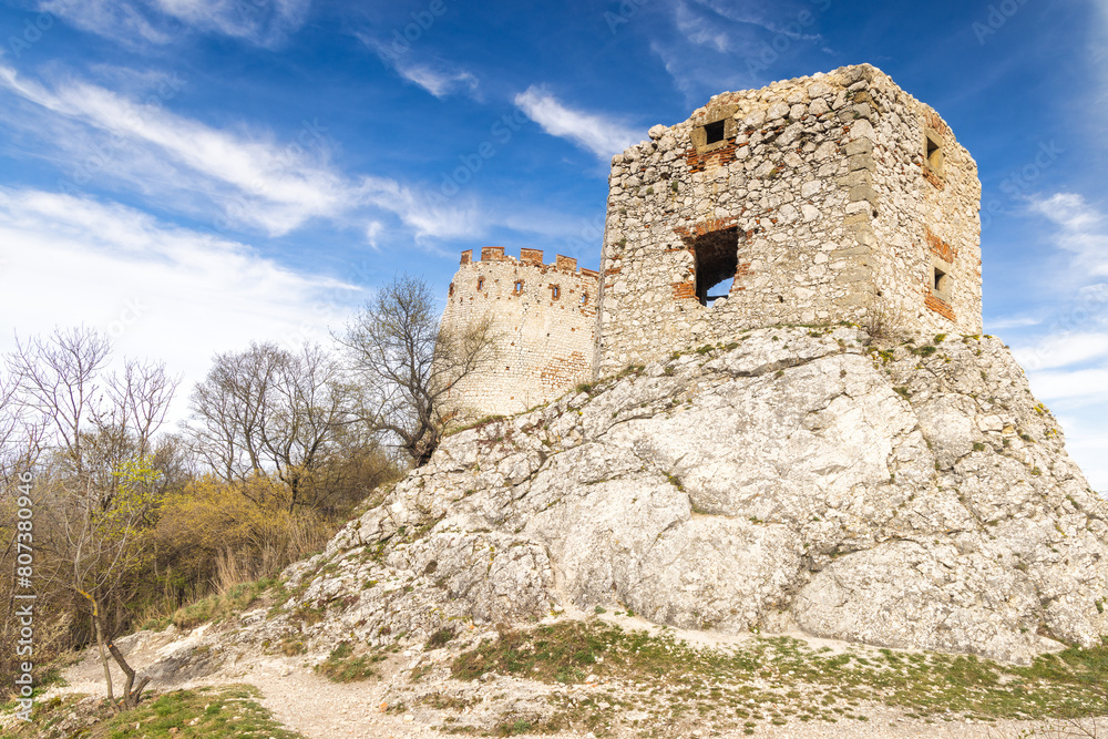 The ruins of Devicky castle on the Pavlov Hills in South Moravia, Czech Republic, Europe.