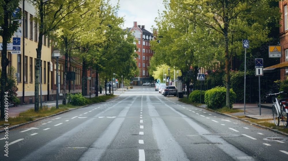 Empty asphalt street with separated bike lane in Sweden