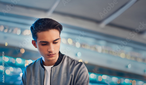 Estudiante latino mirando hacia abajo con trastornos depresivos por bullying escolar. Enfermedades emocionales. Stress. IA generativa. Retrato con desenfoque. Espacio negativo para rellenar. photo