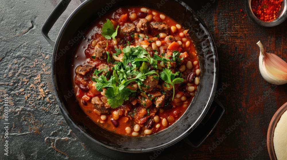 Stew pot with beans and chili, sprinkled with parsley Stew pot with beans and chili, sprinkled with parsley
