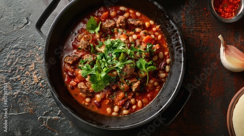 Stew pot with beans and chili, sprinkled with parsley