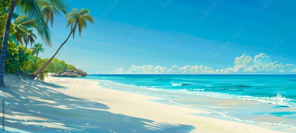 Tropical beach landscape with palm trees and ocean view. Serene coastal scene. Tropical paradise. Concept of travel, summer vacation, and peaceful beaches. Wide banner. Copy space Tropical beach landscape with palm trees and ocean view. Serene coastal scene. Tropical paradise. Concept of travel, summer vacation, and peaceful beaches. Wide banner. Copy space
