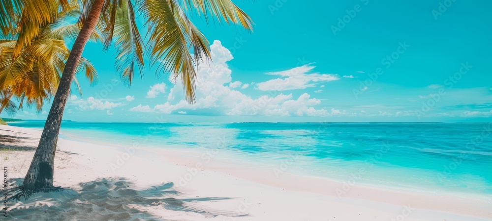 Obraz premium Tropical beach landscape with palm trees and ocean view. Serene coastal scene. Tropical paradise. Concept of travel, summer vacation, Wide banner. Copy space