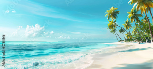 Tropical beach landscape with palm trees and ocean view. Serene coastal scene. Tropical paradise. Concept of summer vacation  and peaceful beaches. Wide banner. Copy space