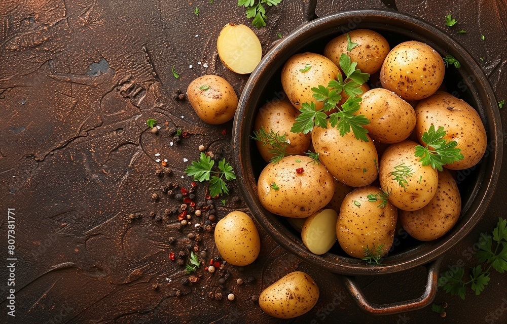 Potatoes arranged in a pot on brown surface, showcasing soil and sliced pieces Potatoes arranged in a pot on brown surface, showcasing soil and sliced pieces