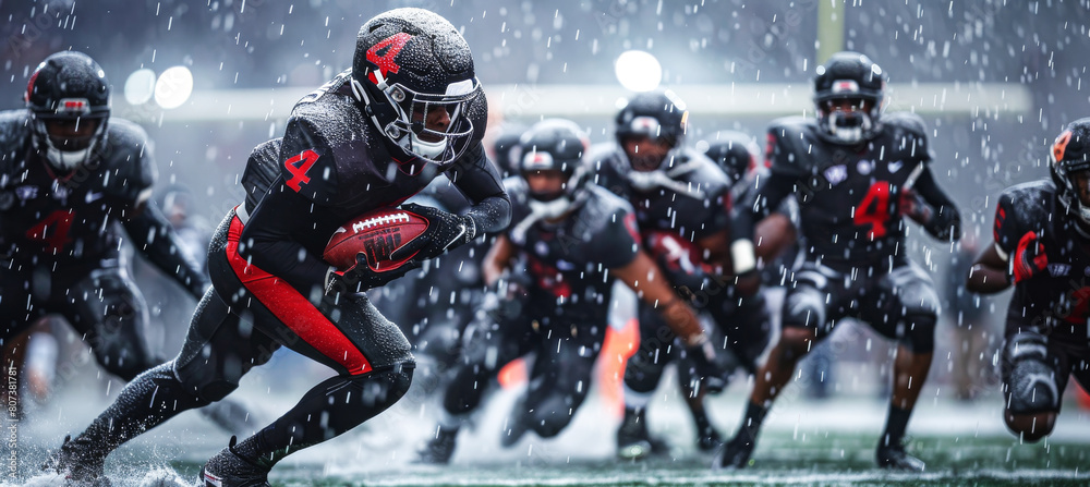 Intense Football Game in Snow: A Player in Black and Red Uniform Charging Through a Snowy Field Intense Football Game in Snow: A Player in Black and Red Uniform Charging Through a Snowy Field
