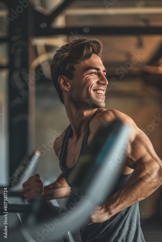 A young handsome muscular smiling man running on a treadmill at the gym