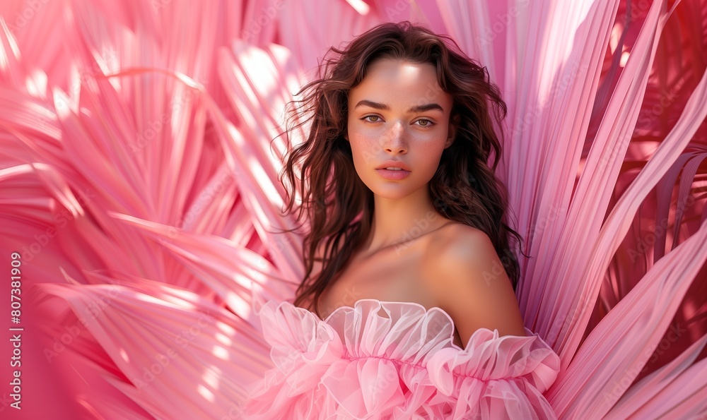 Happy Young Female Model In Summer Clothes. Beautiful Stylish Woman In Sexy Colorful Pink Dress With Elegant Hairstyle And Makeup On Pink Background With Palm Leaves Happy Young Female Model In Summer Clothes. Beautiful Stylish Woman In Sexy Colorful Pink Dress With Elegant Hairstyle And Makeup On Pink Background With Palm Leaves