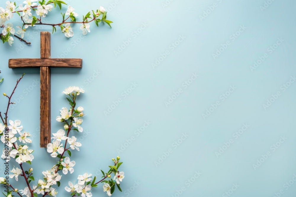 wooden cross and flowers on a light blue background, symbolizing Easter Generative AI wooden cross and flowers on a light blue background, symbolizing Easter Generative AI