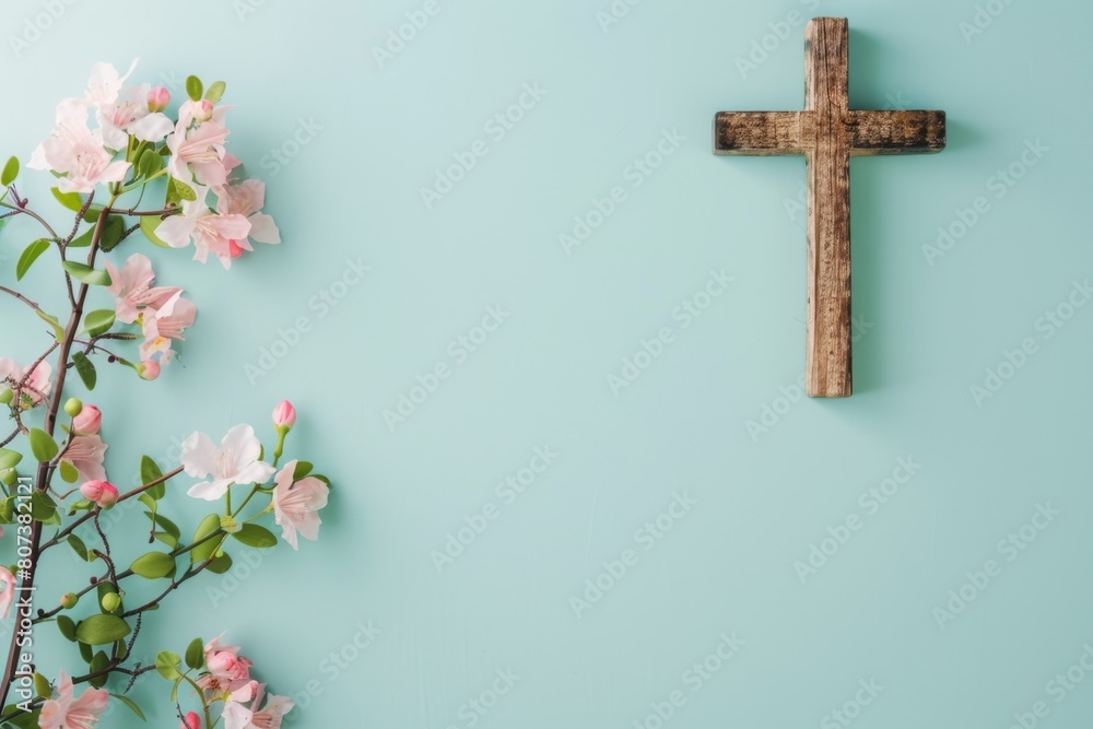 a wooden cross and flowers on a light blue background, symbolizing Easter and Christian religious remembrance Generative AI a wooden cross and flowers on a light blue background, symbolizing Easter and Christian religious remembrance Generative AI