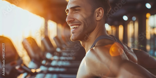 A young handsome muscular smiling man running on a treadmill at the gym