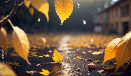 Bright yellow leaves perform a ballet in gusts of autumn wind and soft rain against a misty, unfocused backdrop, highlighting the fleeting beauty of fall. photo