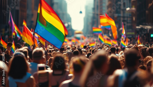 Among the streets, hundreds of people march with LGBTQ flags in the pride parade.
 photo