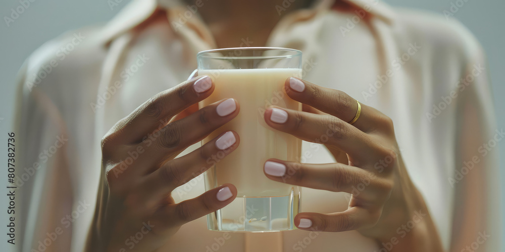 Female hands hold a glass of milk. Lactose intolerance, cow protein, alternative plant milk concept. Female hands hold a glass of milk. Lactose intolerance, cow protein, alternative plant milk concept.