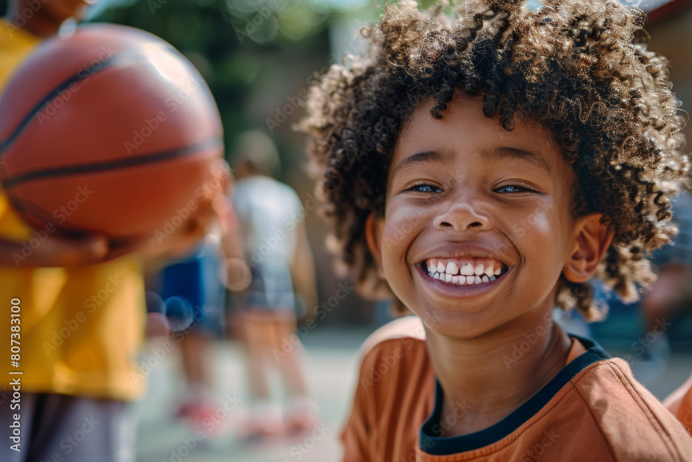 Happy African American boy playing basketball with friends in the schoolyard, closeup photo of cute curly haired kid smiling and holding the ball while the team stands behind him Happy African American boy playing basketball with friends in the schoolyard, closeup photo of cute curly haired kid smiling and holding the ball while the team stands behind him