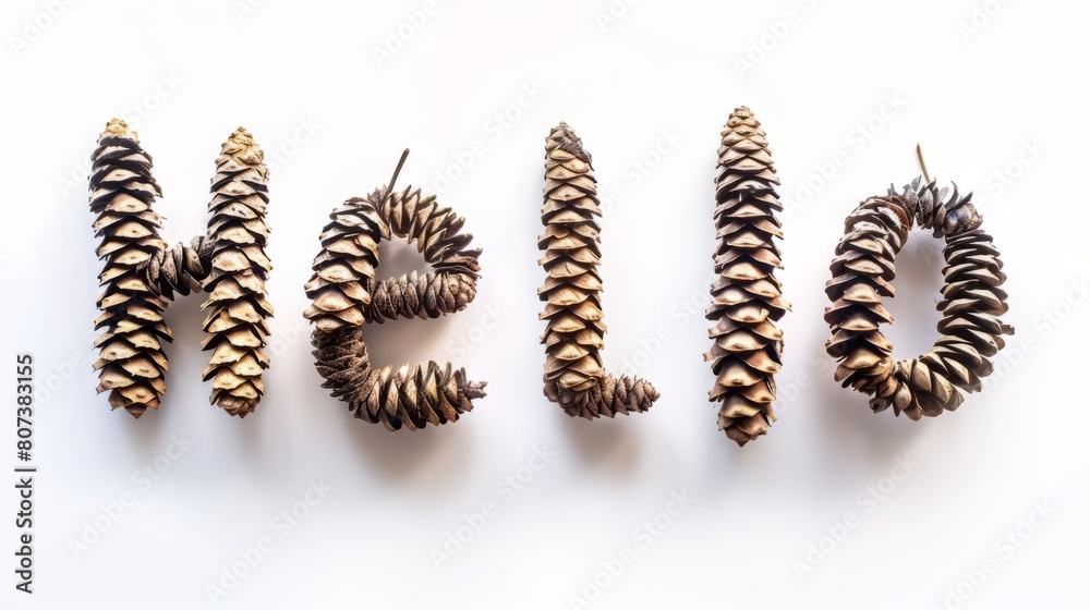 The word Hello created in Spruce Pinecone Letters. The word Hello created in Spruce Pinecone Letters.