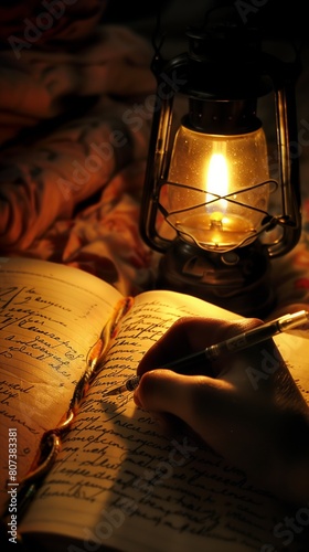 Handwriting journal illuminated warm glow lantern nostalgic atmosphere night