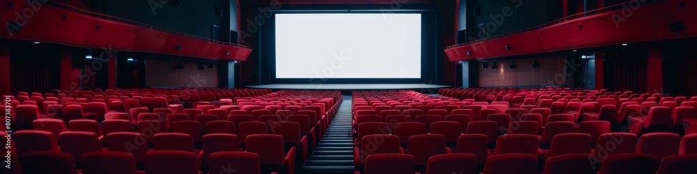 Stunning Wide Panorama of an Empty Movie Theater with Vibrant Red Seats and a Large Screen, Perfect for Film Events Stunning Wide Panorama of an Empty Movie Theater with Vibrant Red Seats and a Large Screen, Perfect for Film Events