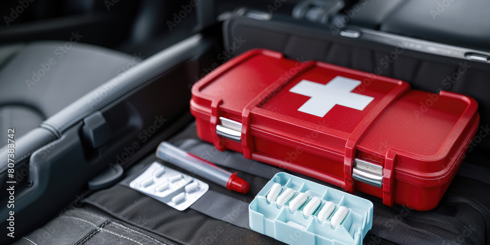 First aid kit in the trunk of the car. Plastic box with medicines in the passenger compartment.