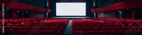 Stunning Wide Panorama of an Empty Movie Theater with Vibrant Red Seats and a Large Screen, Perfect for Film Events