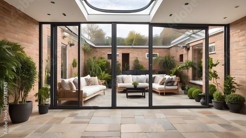 Contemporary sunroom or conservatory with a block-paved patio surrounding it, opening into the garden