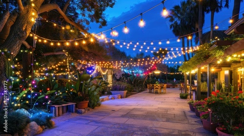 Festive outdoor event space at dusk with colorful string lights illuminating a walkway