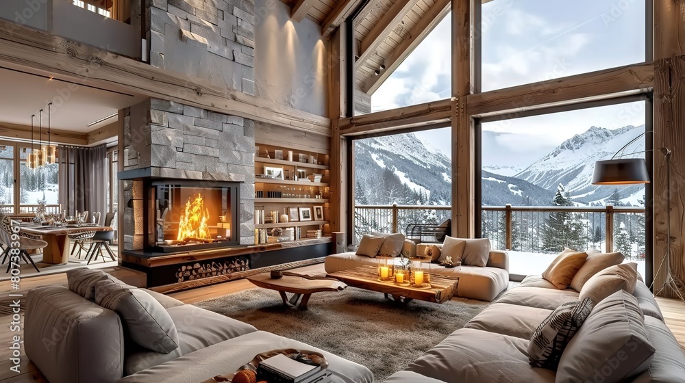 Luxury wooden chalet with fireplace. The interior design of a modern living room with a mountain view. Luxury wooden chalet with fireplace. The interior design of a modern living room with a mountain view.