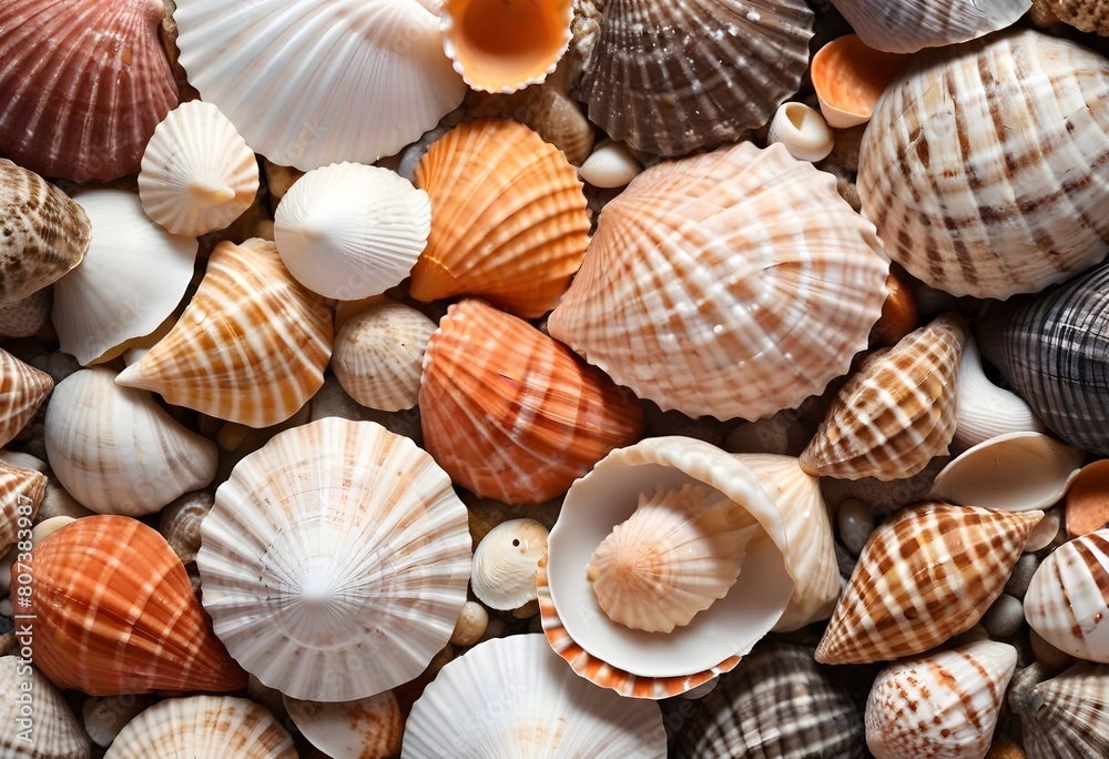 Assorted seashells in various , The shells appear to be a mix of different types, such as scallops and clams