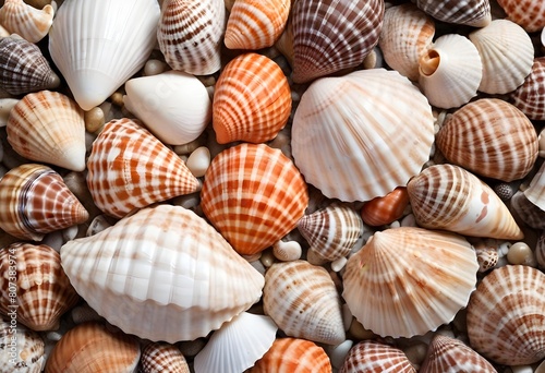 Assorted seashells in various   The shells appear to be a mix of different types  such as scallops and clams