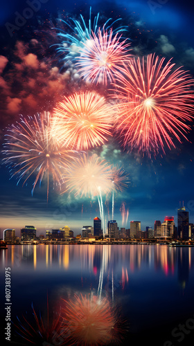 Colorful fireworks light up the night sky over the skyline