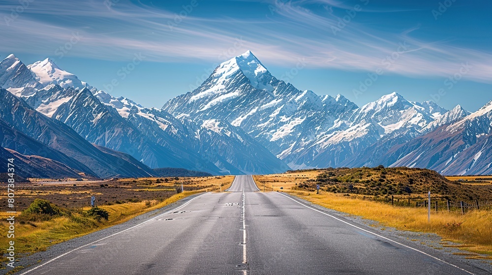 Empty road asphalt leading to a snowcapped mountain. Beautiful Landscape blue sky background.