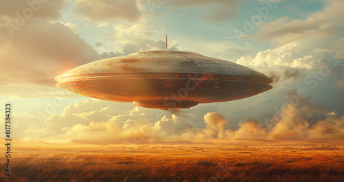 sci-fi illustration showing a metallic saucer-shaped ufo hovering above a field in a surreal and futuristic setting