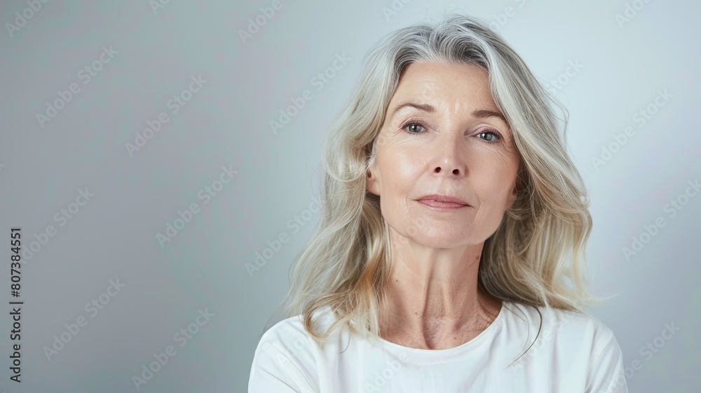 Elegant senior woman with silver hair posing in white top Elegant senior woman with silver hair posing in white top
