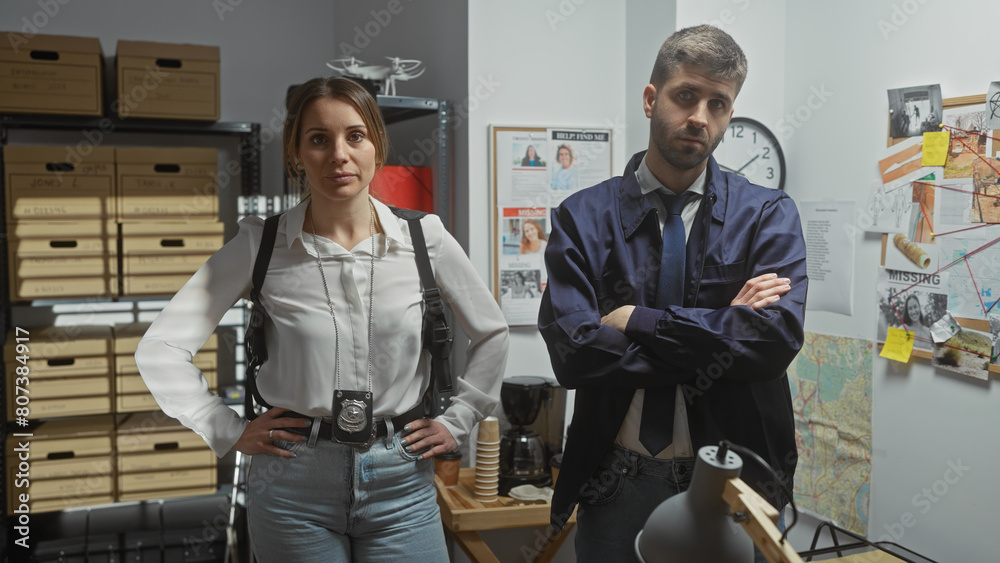 A woman and man, portraying detectives, stand confidently in a cluttered office, with arms crossed amidst investigation clues. A woman and man, portraying detectives, stand confidently in a cluttered office, with arms crossed amidst investigation clues.