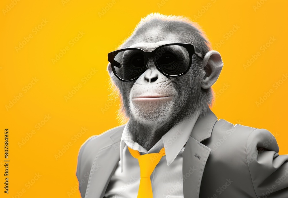 Chimpanzee in sunglasses close-up. Portrait of a chimpanzee. Anthopomorphic creature. Fictional character for advertising and marketing. Humorous character for graphic design. Chimpanzee in sunglasses close-up. Portrait of a chimpanzee. Anthopomorphic creature. Fictional character for advertising and marketing. Humorous character for graphic design.