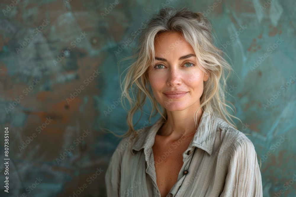 Middle-age woman standing in front of blue textured wall, portrait for advertising Middle-age woman standing in front of blue textured wall, portrait for advertising