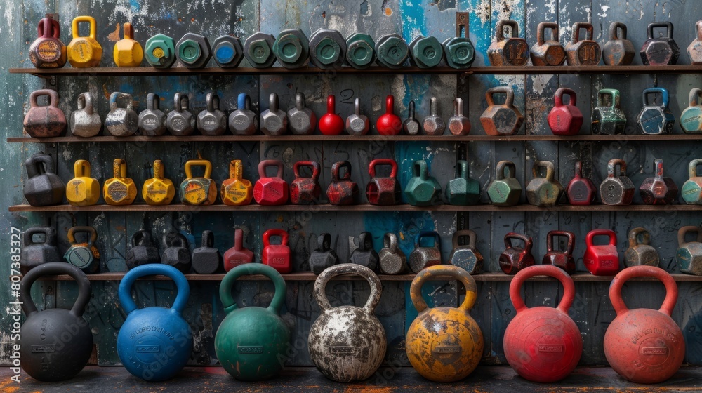 gym background with organized dumbbells and kettlebells, representing fitness and strength training