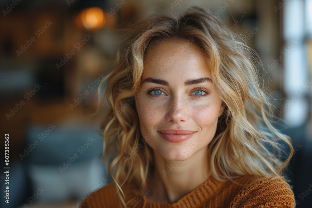 Close-up of middle-age woman with blonde hair in living room, portrait for advertising Close-up of middle-age woman with blonde hair in living room, portrait for advertising